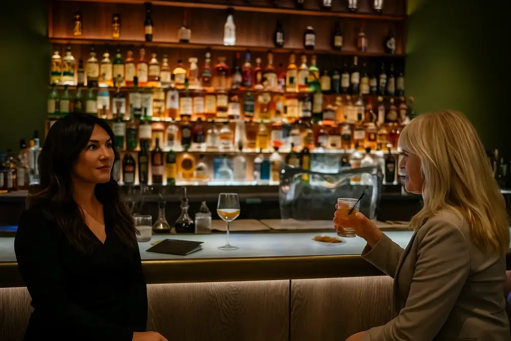 Femme mature souriante dans un bar à Bordeaux