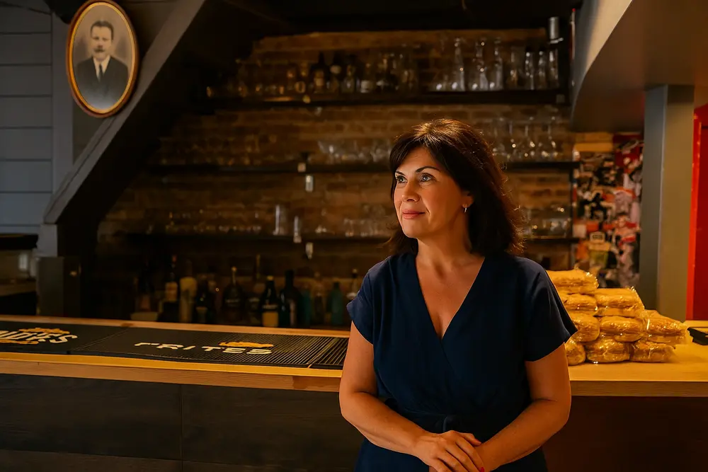 Femme mature souriante dans un bar à Lille, rencontre cougar Lille