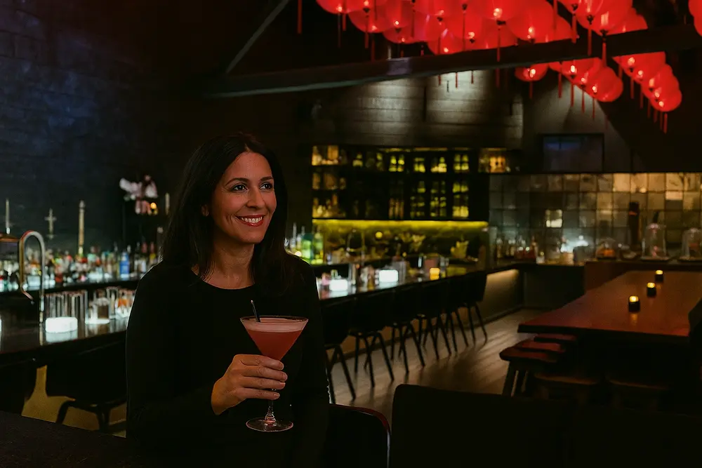 Femme mature souriante dans un bar à Montpellier, rencontre cougar Montpellier