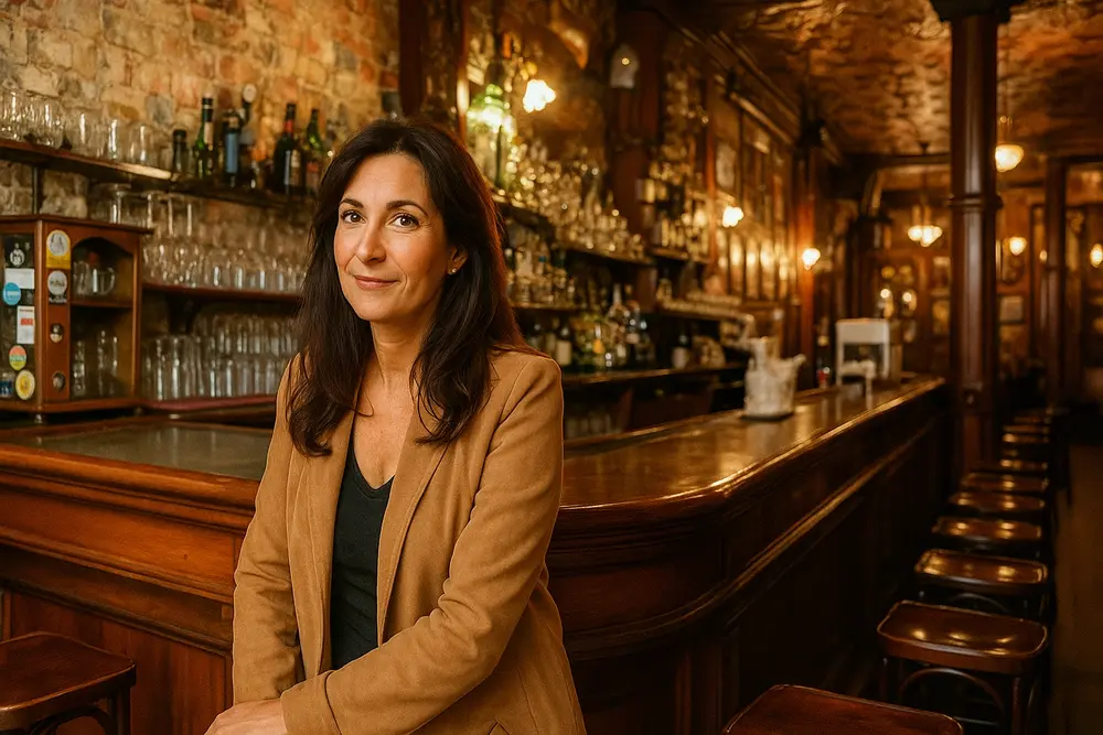 Femme mature souriante dans un bar à Paris
