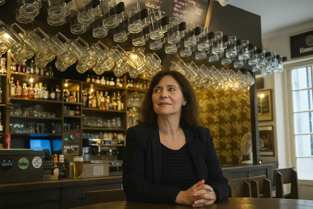 Femme mature souriante dans un bar à Tours