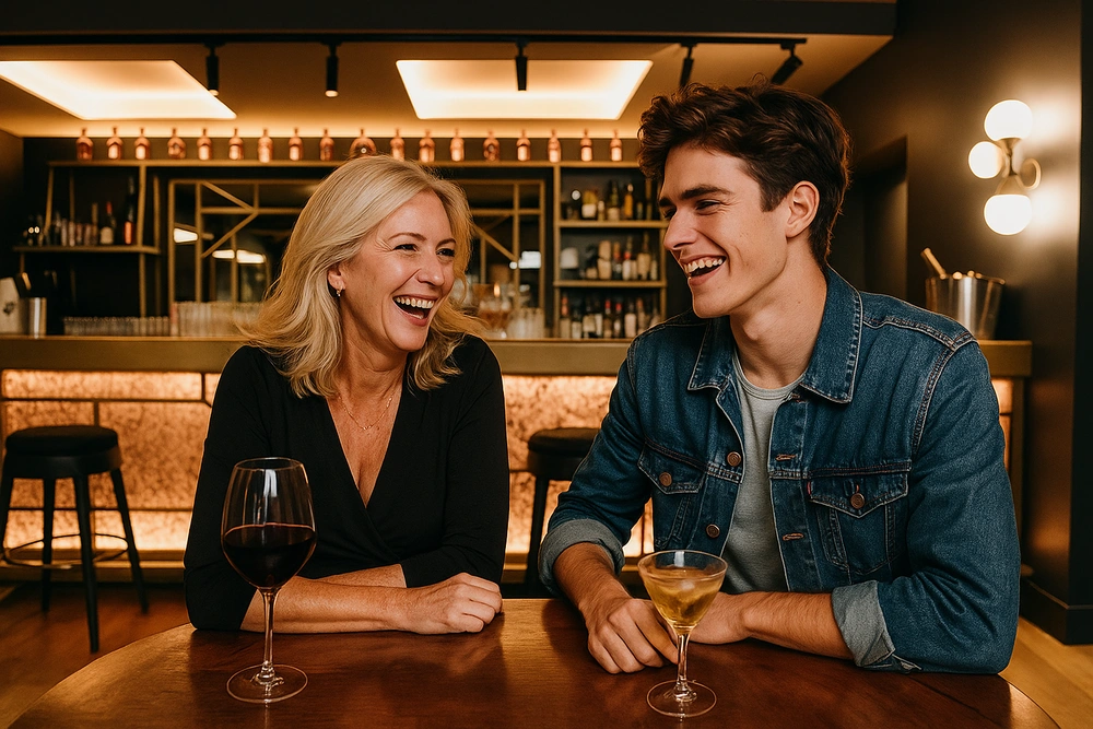 Couple homme jeune et femme mature dans un bar